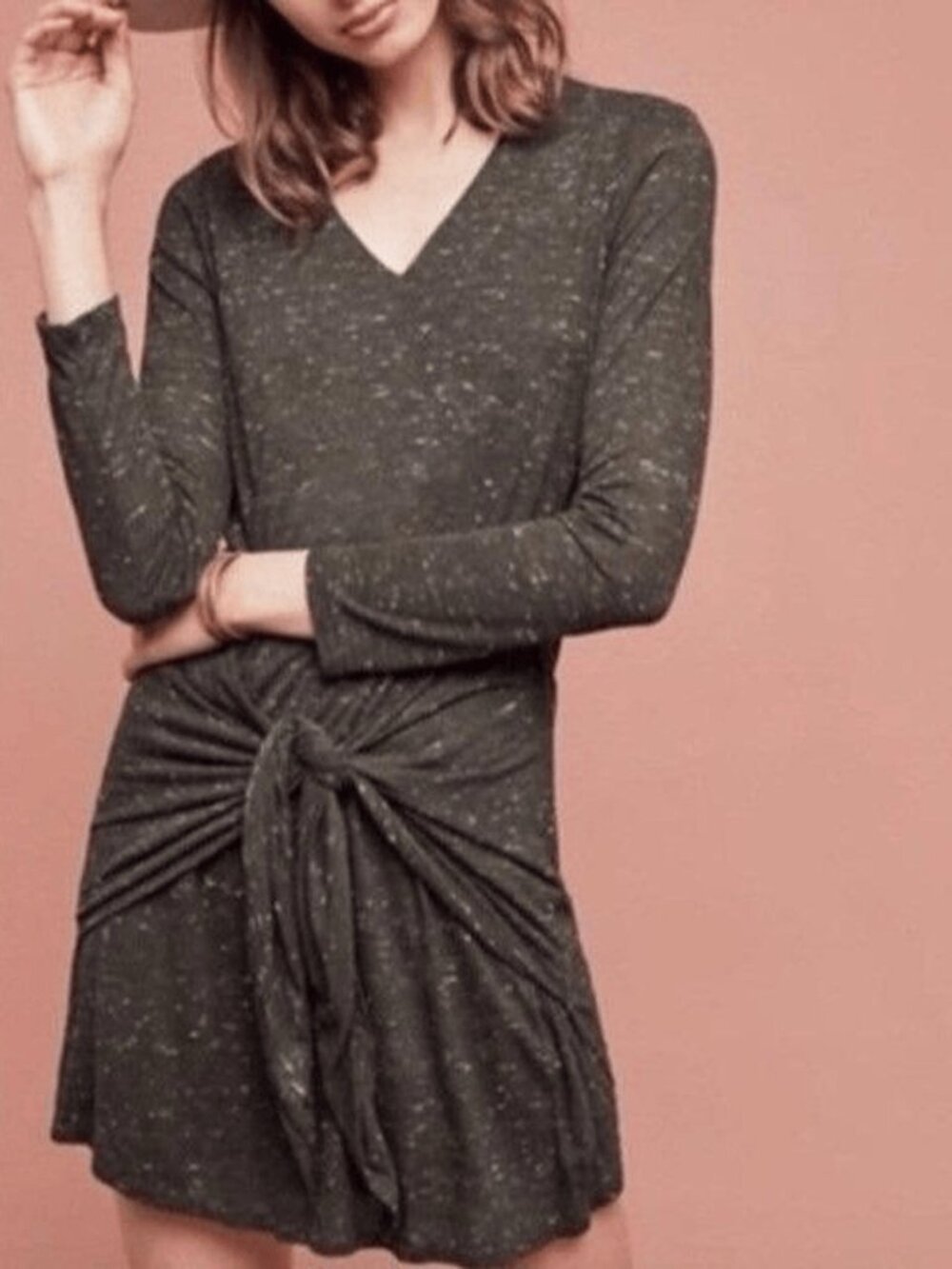 Anthropologie Dolan Left Coast Charcoal Green Knit Front Tie T-shirt Wool Dress